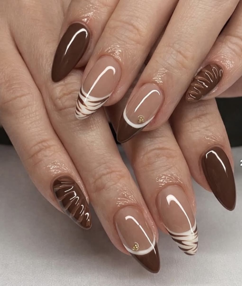 Mocha Brown And White Swirl French Tip Nails