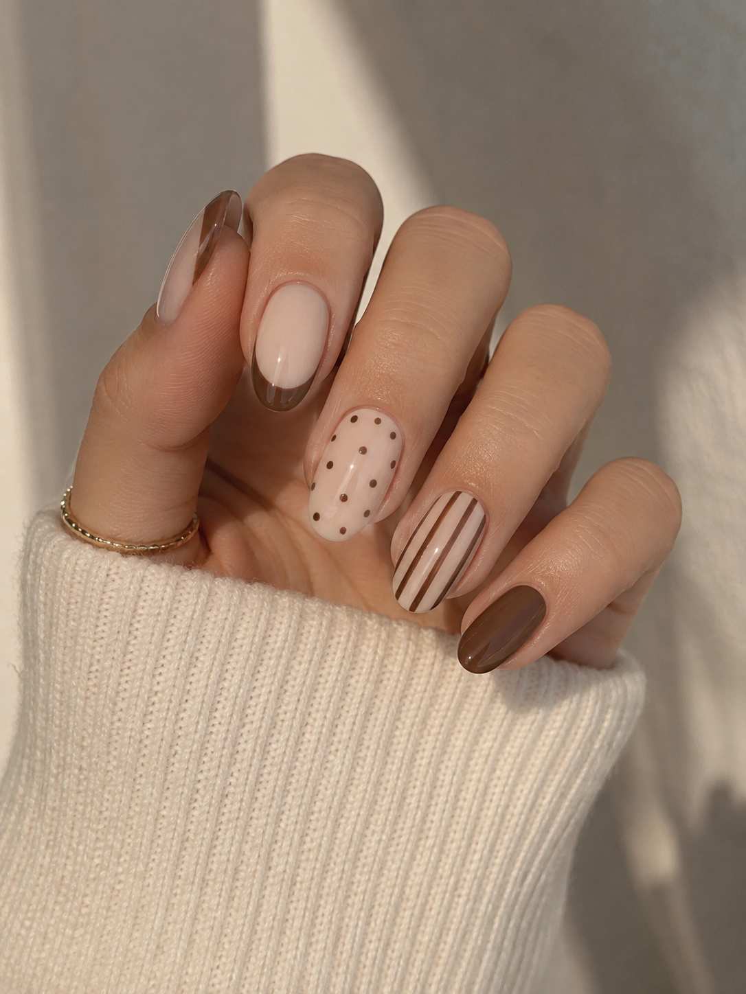 Mocha Brown French Tip Polka Dot And Striped Nails