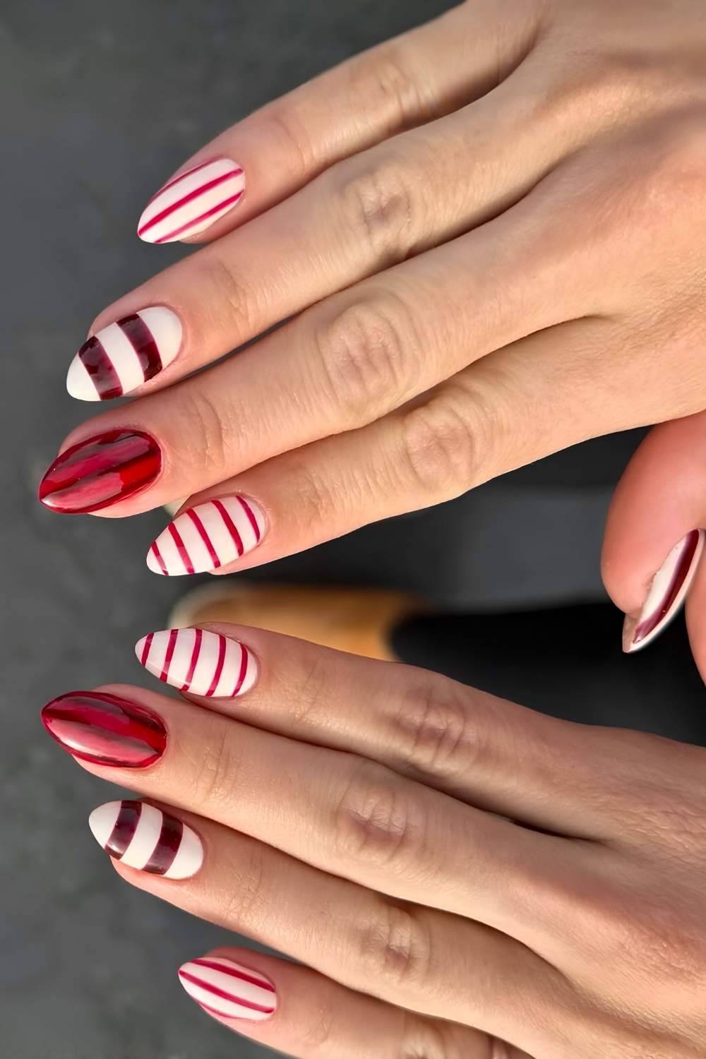 Multi Direction Red White Stripe Nails