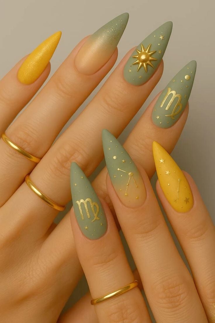 Mustard & Sage Green Virgo Nails