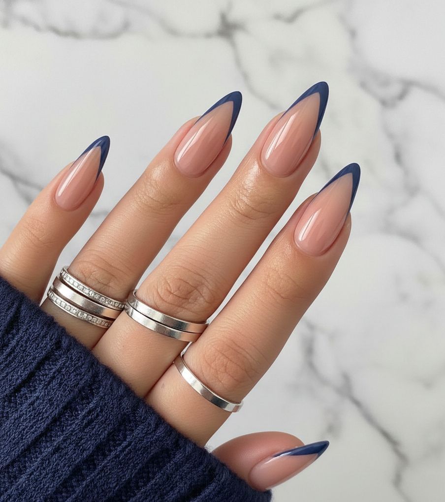 Navy Blue French Tip Almond Nails