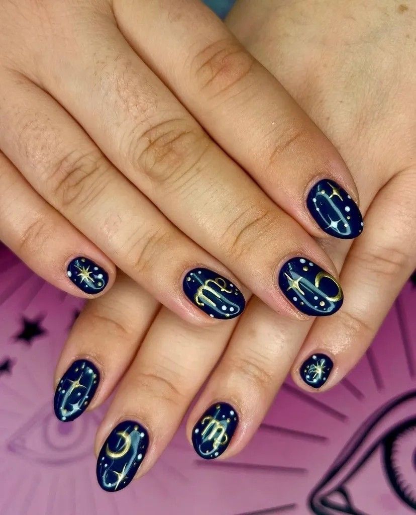 Navy Blue Virgo Zodiac Nails