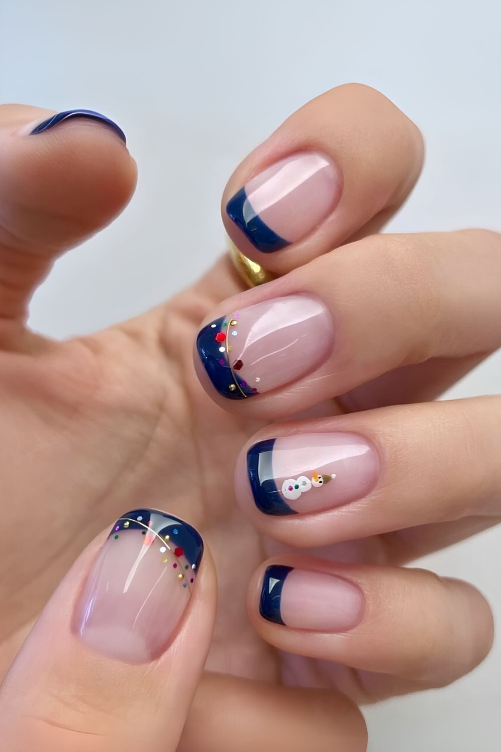 Navy French Snowman Gem Nails