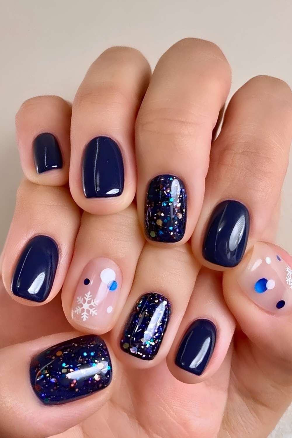 Navy Glitter Snowflake Nails