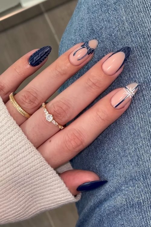Navy Mix Match Almond Nails
