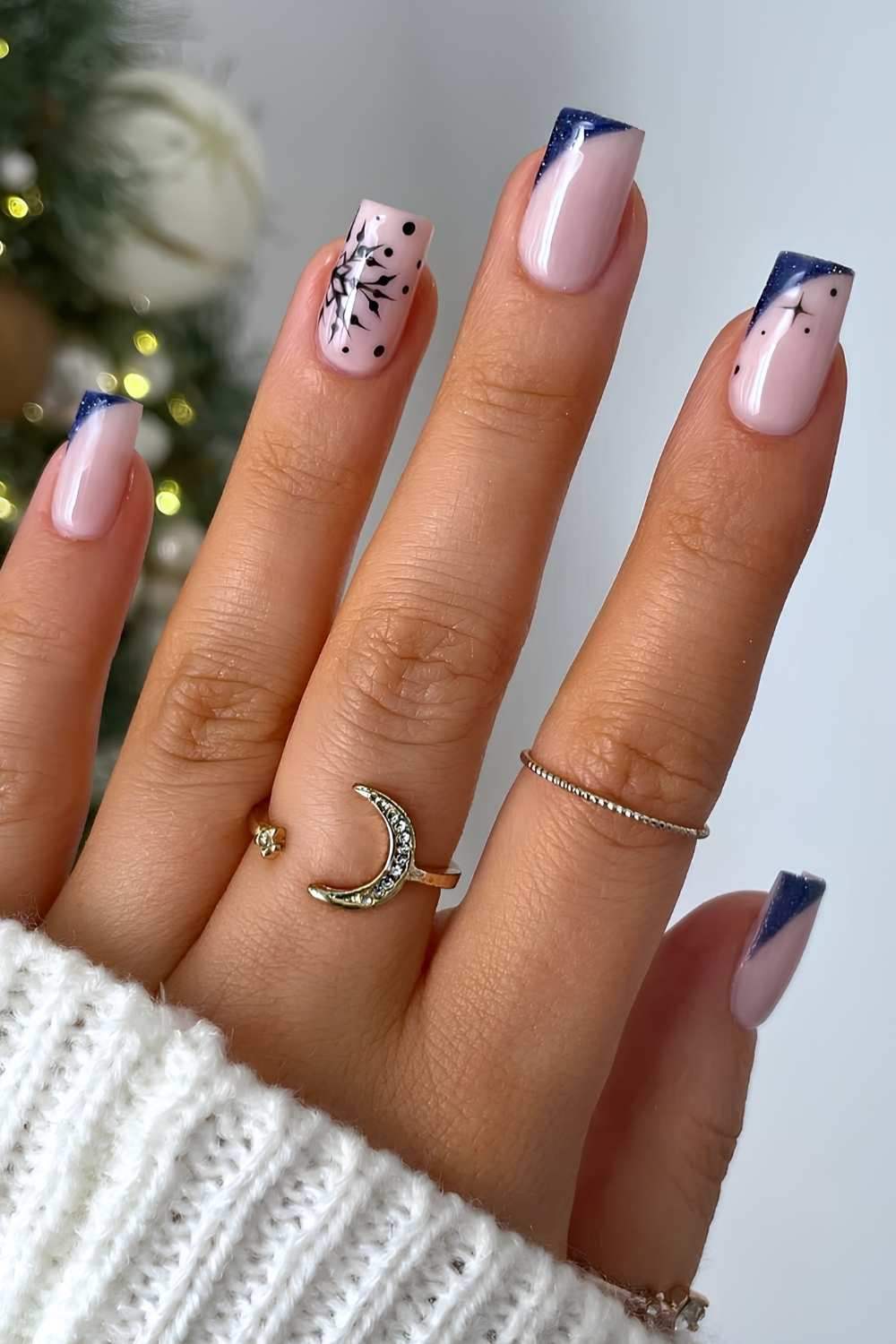 Navy Side French Nails