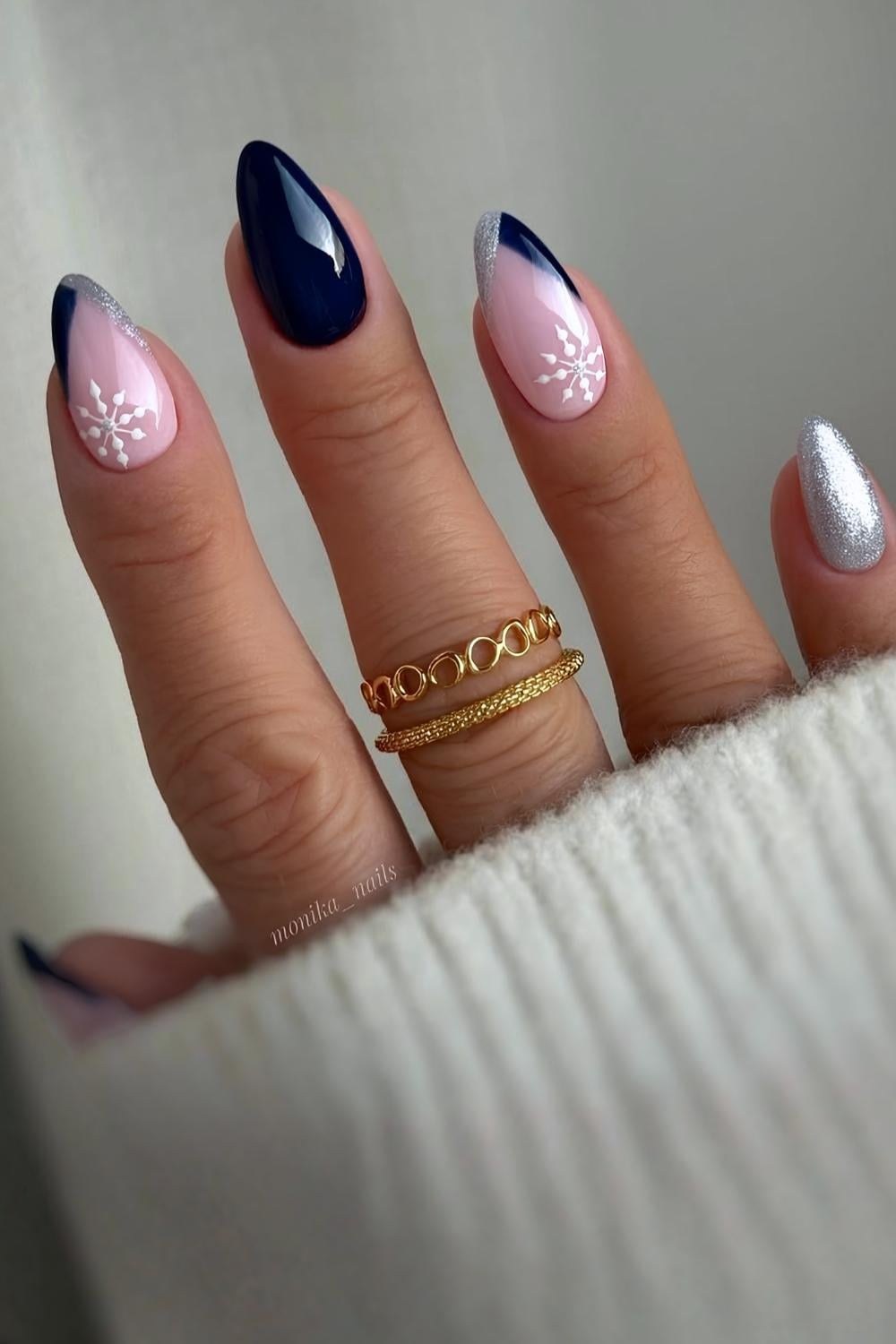Navy Silver Glitter Almond Nails