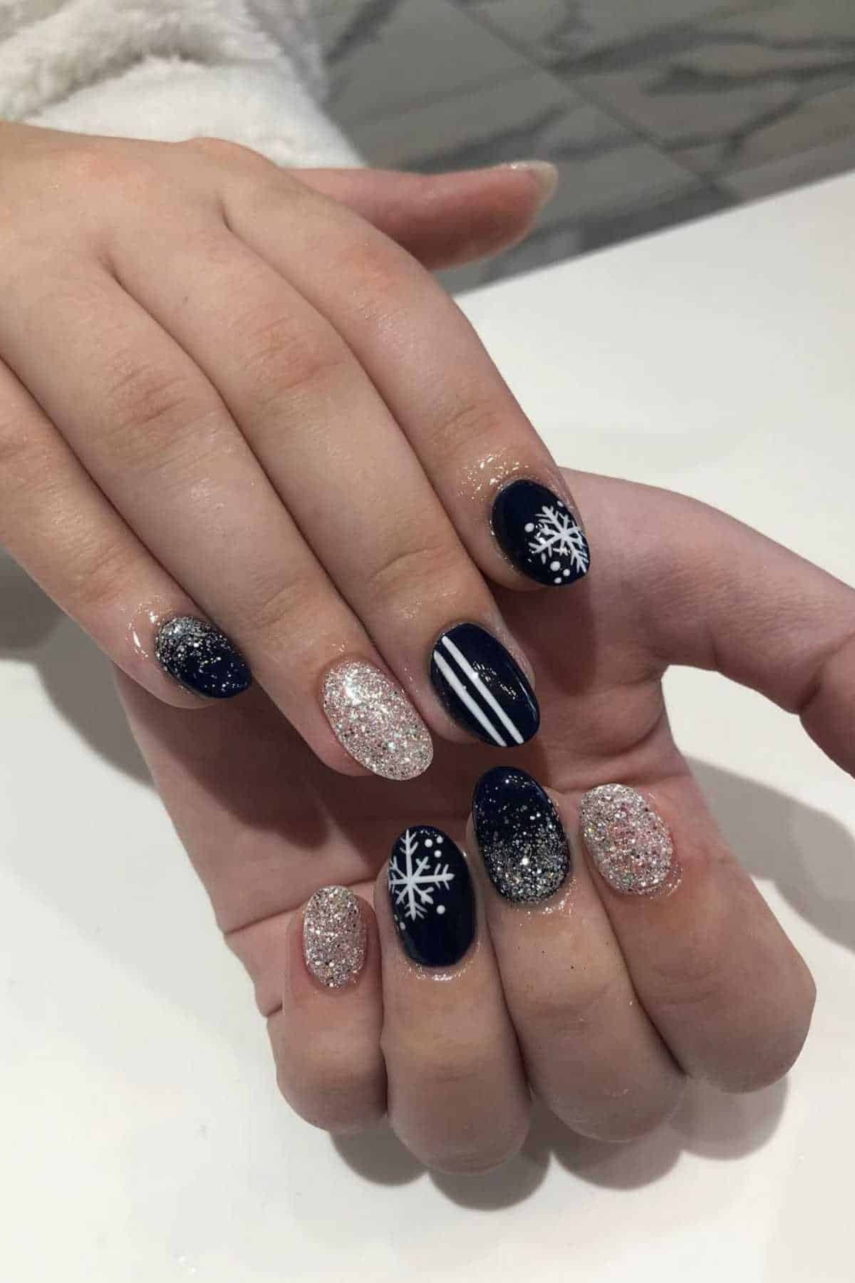 Navy Silver Snowflake Oval Nails