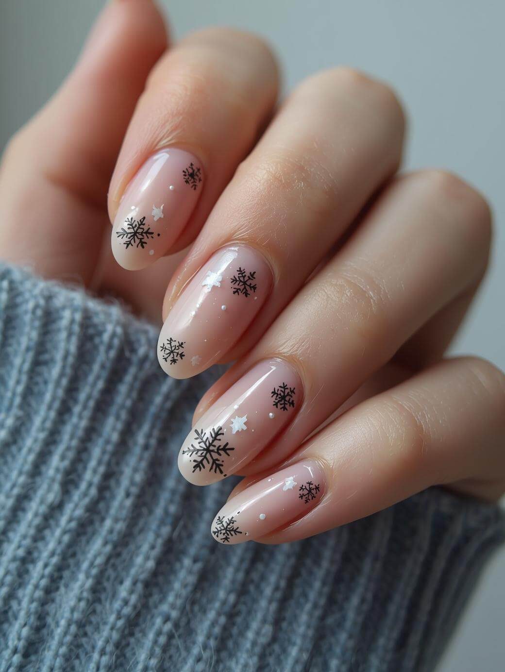 Neutral Black White Snowflake Winter Nails