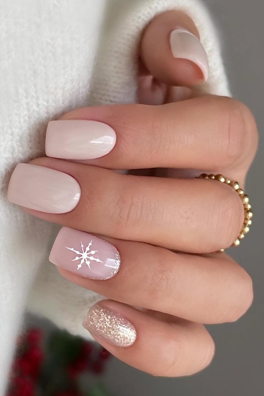 Neutral Glitter Snowflake Christmas Nails