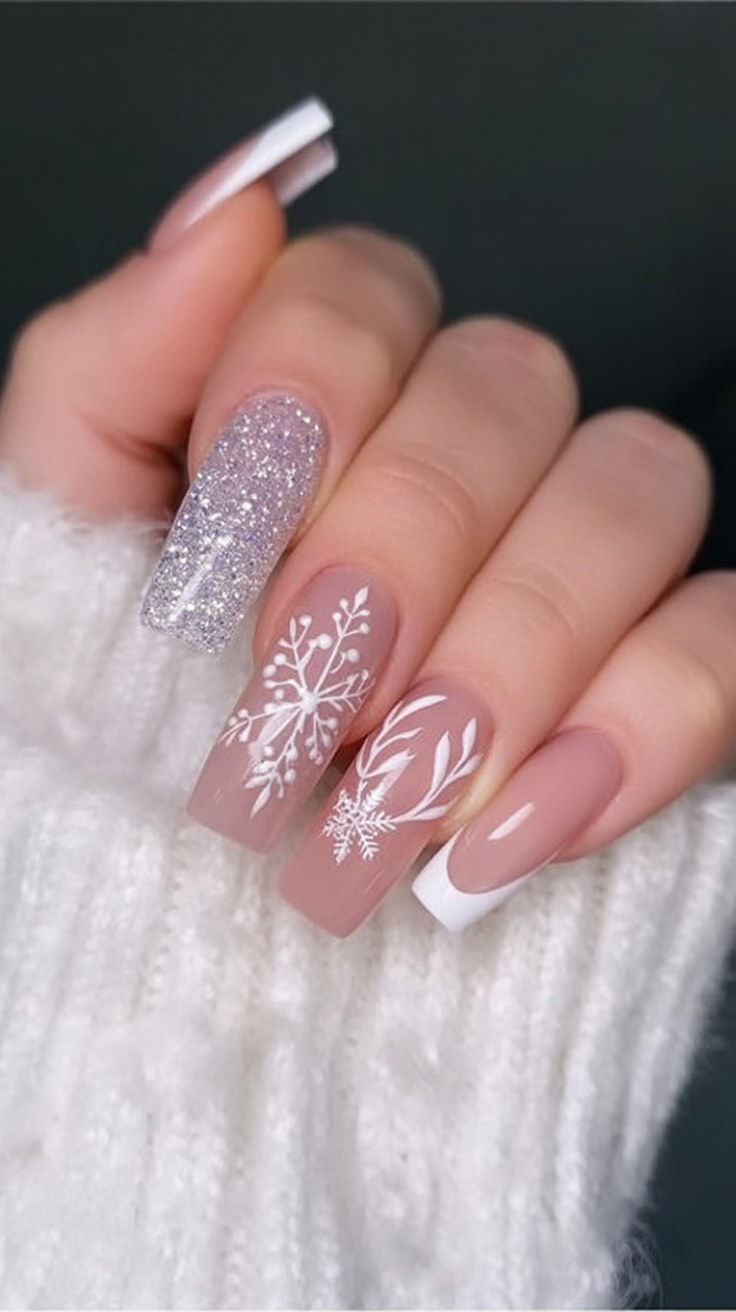 Neutral Nude Snowflake Square Nails
