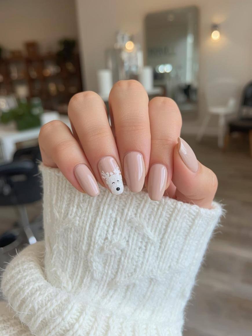 Neutral Reindeer Face Winter Nails