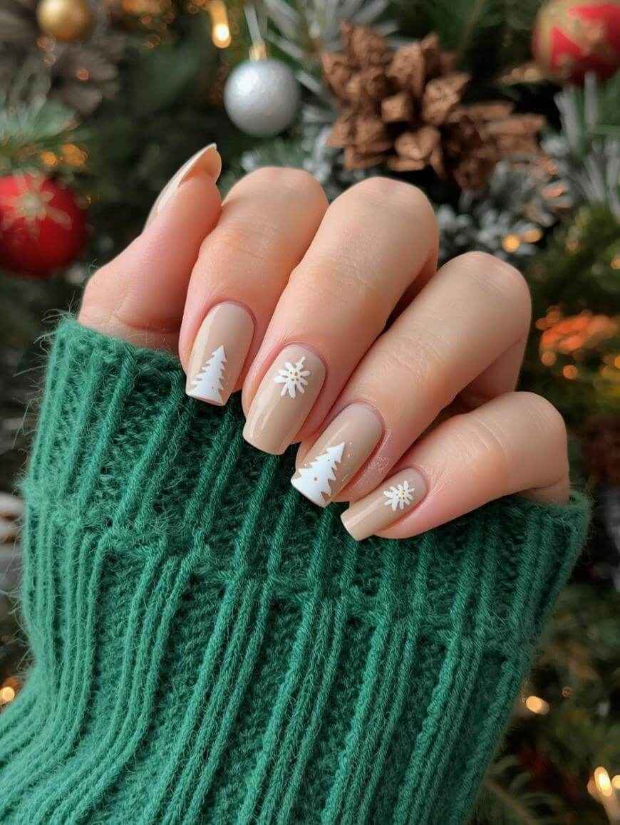 Neutral White Tree Winter Nails