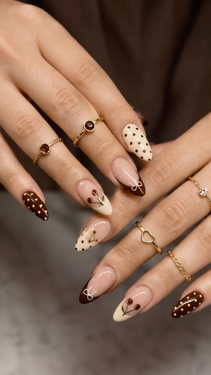 November Nails Brown Polka Dot Cherries