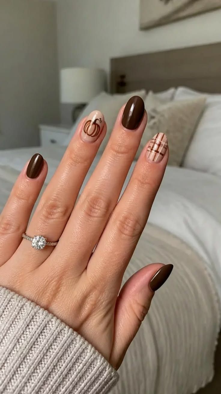 November Nails Chocolate Plaid Pumpkin