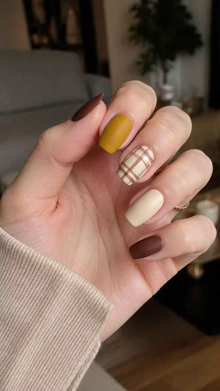November Nails Matte Mustard Plaid