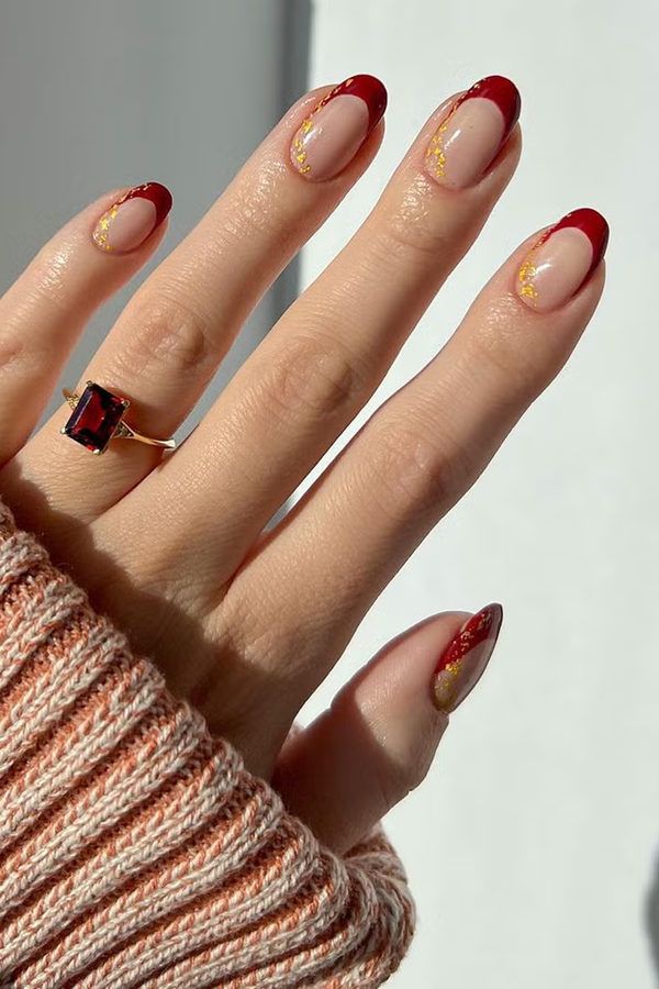 November Nails Red Gold French Tips