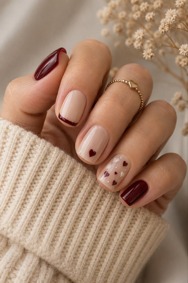 November Nails Wine Red Tiny Hearts