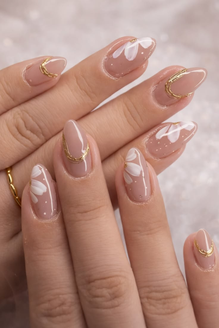Nude Almond Nails With Gold Chrome & Floral Art