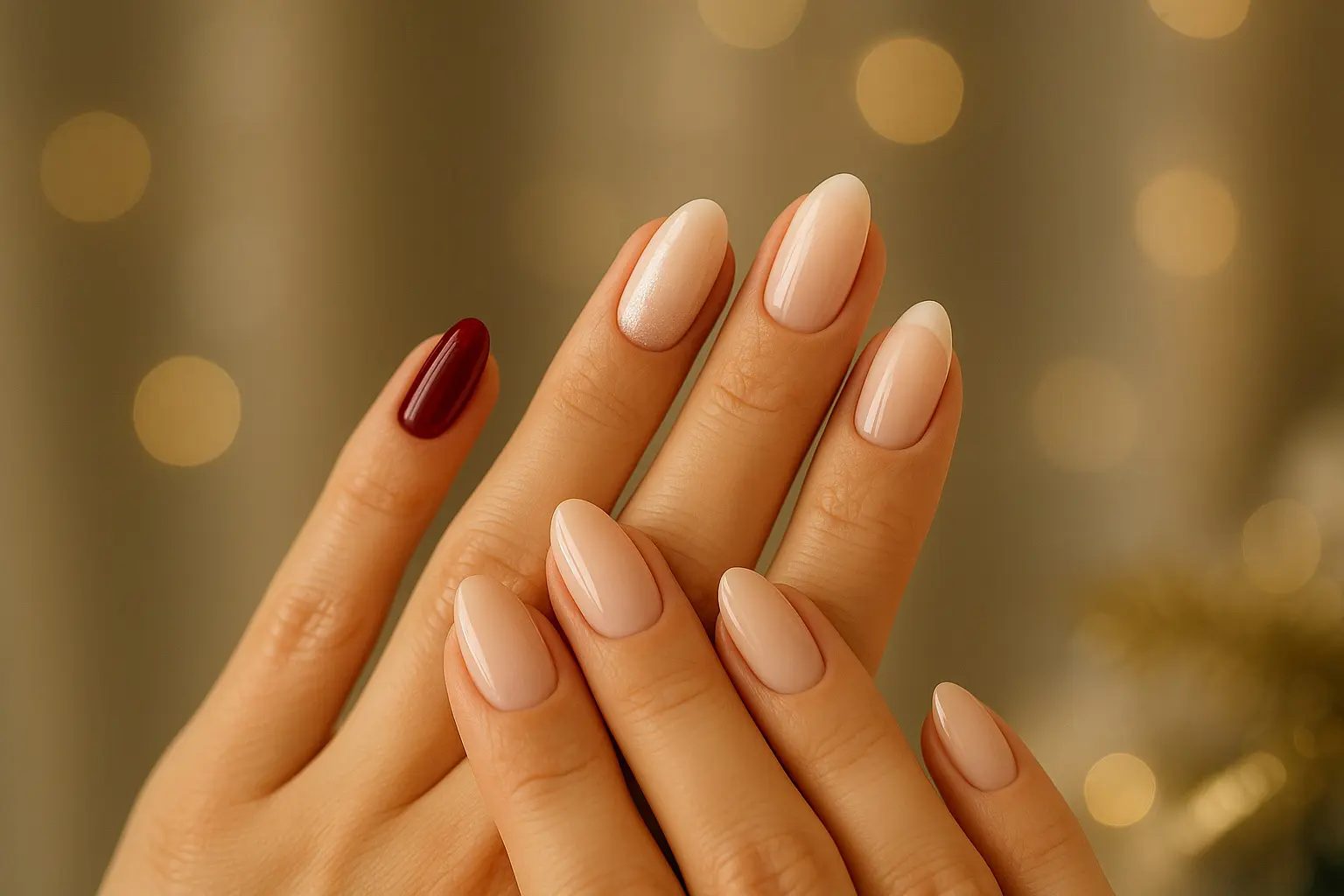 Nude Almond Pearl Shimmer Elegant Nails