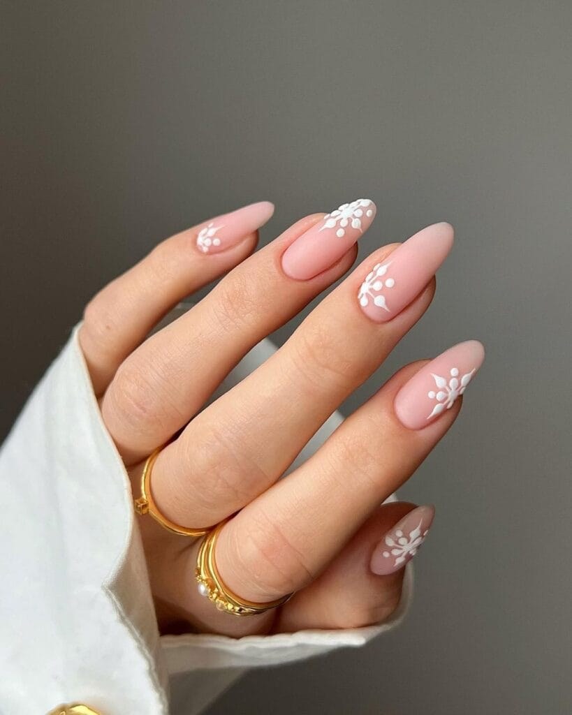Nude Almond Snowflake Nails