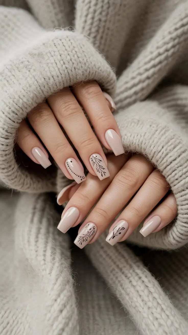 Nude Beige Coffin Nails With Minimalist Botanical Art