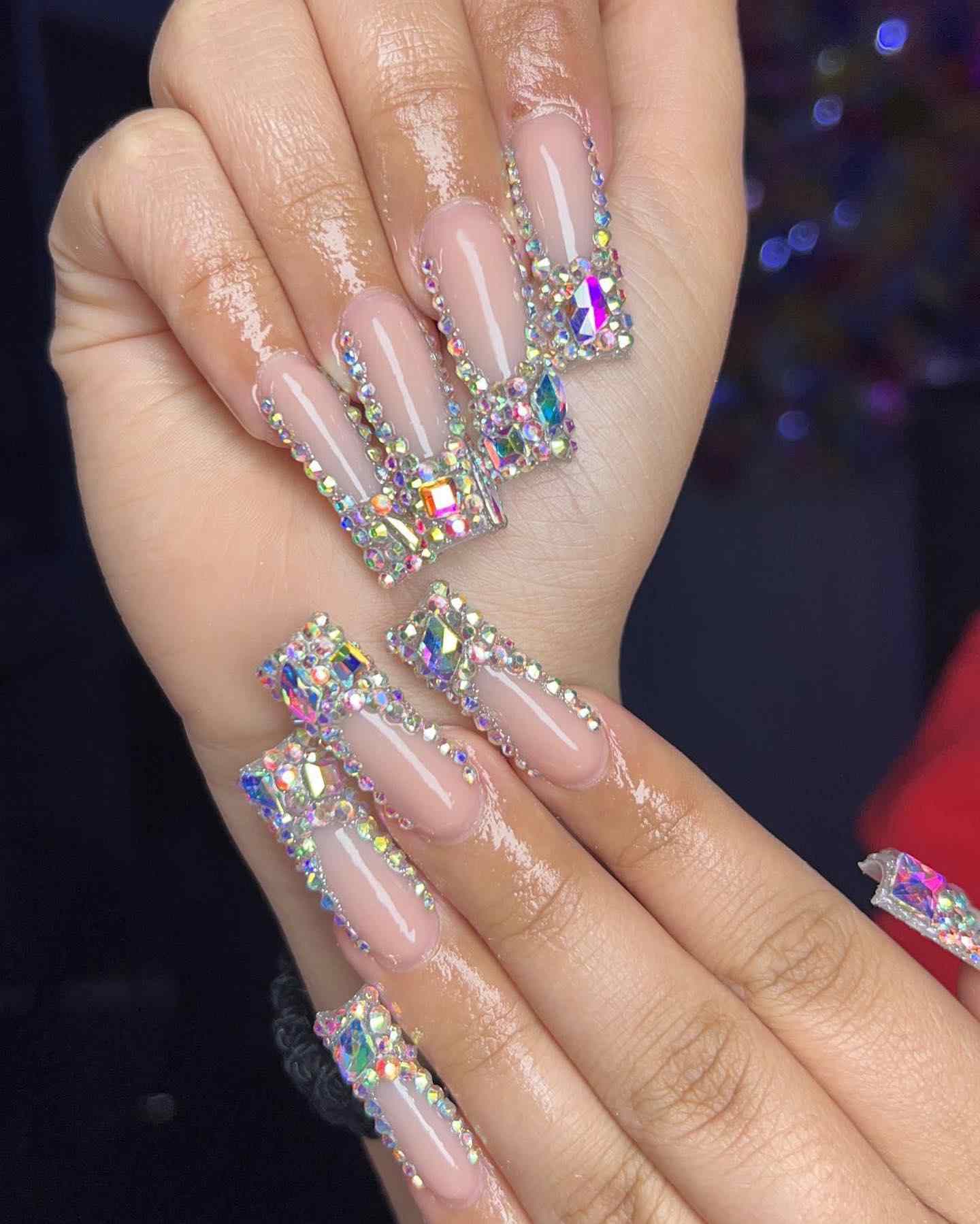 Nude Crystal Tip Coffin Nails