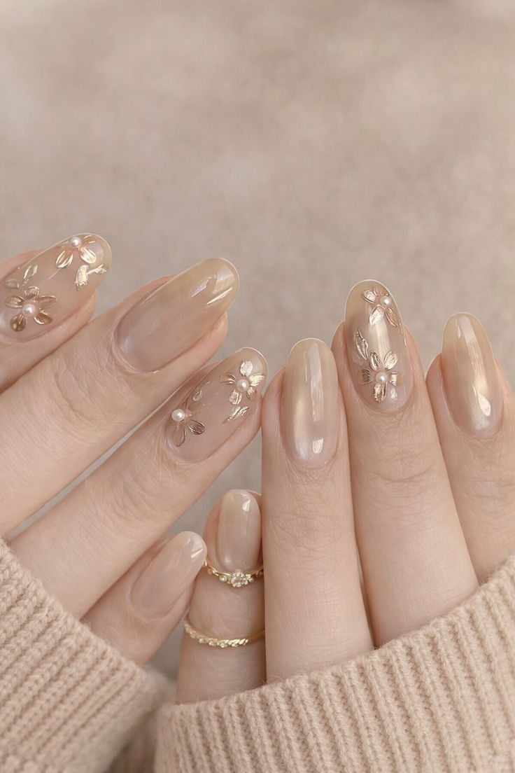 Nude Floral Chrome Almond Nails
