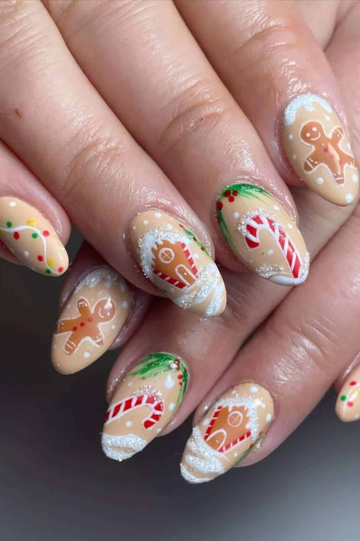 Nude Gingerbread Candy Cane Holly Nails