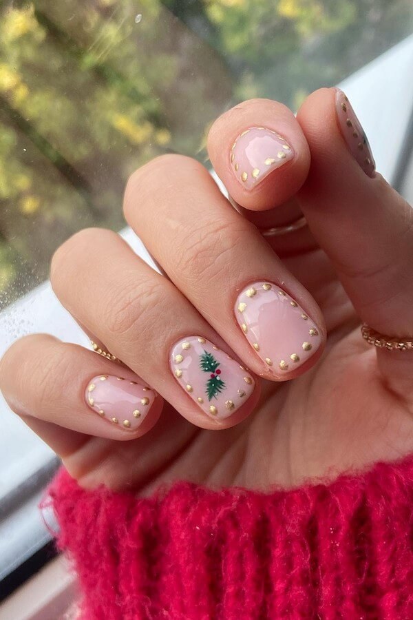 Nude Gold Dot Tree Short Nails