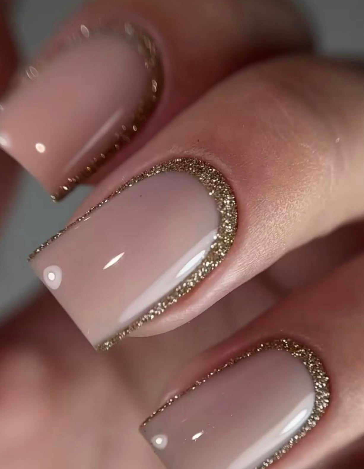 Nude Gold Glitter Outline Winter Nails