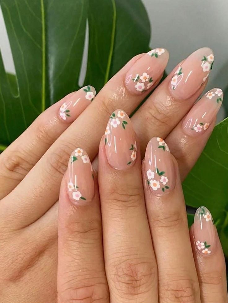 Nude Minimalist Floral Nails