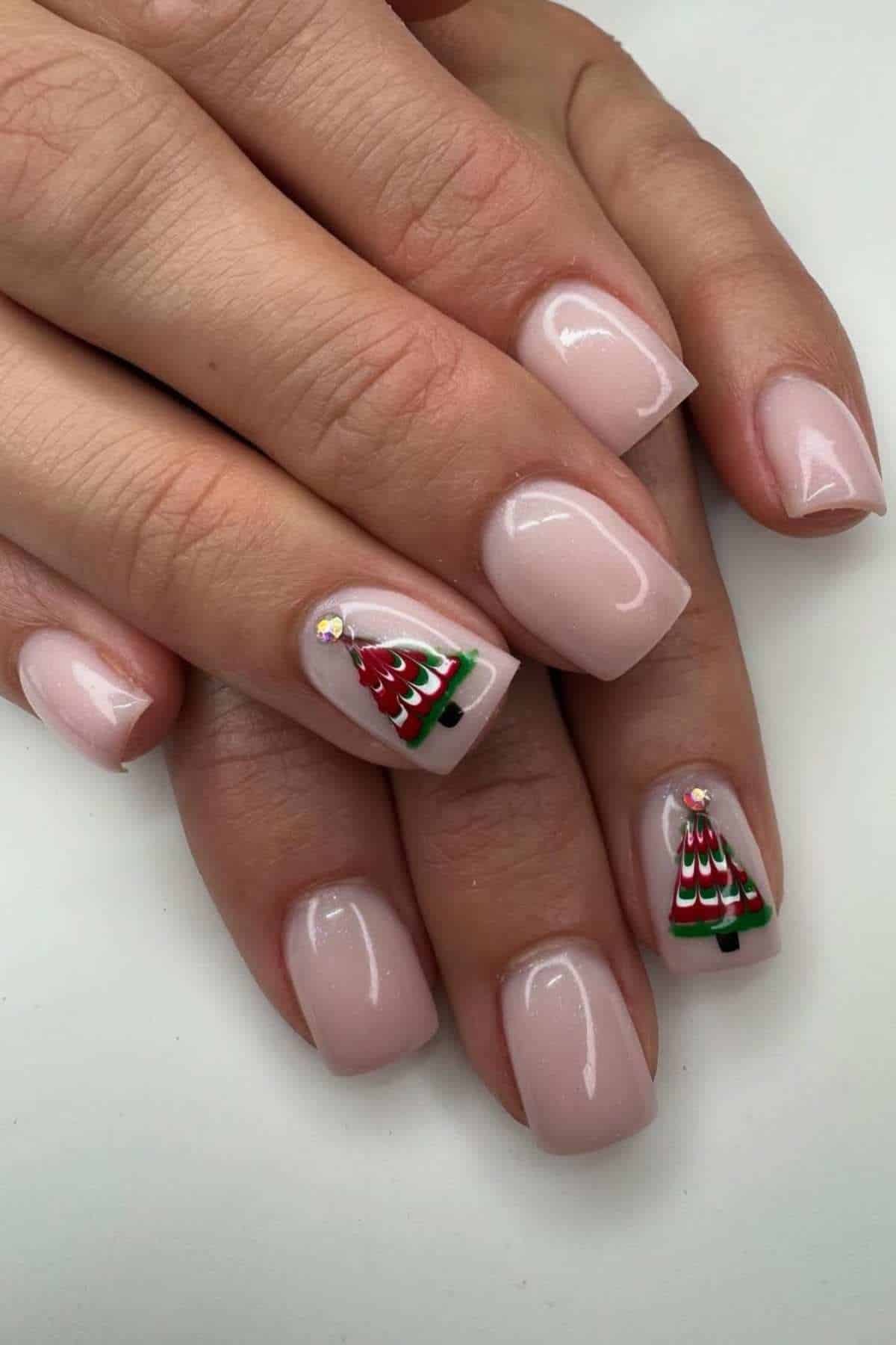 Nude Red Green Tree Accent Nails