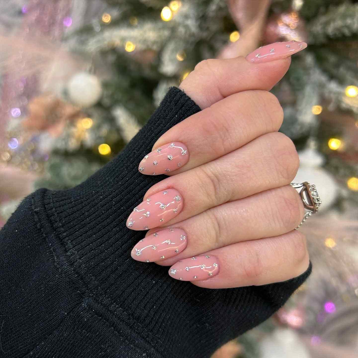 Nude Silver Celestial Star Simple Nails