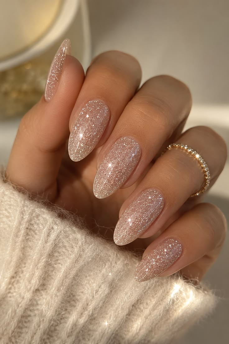 Nude Sparkle Almond Glitter Nails