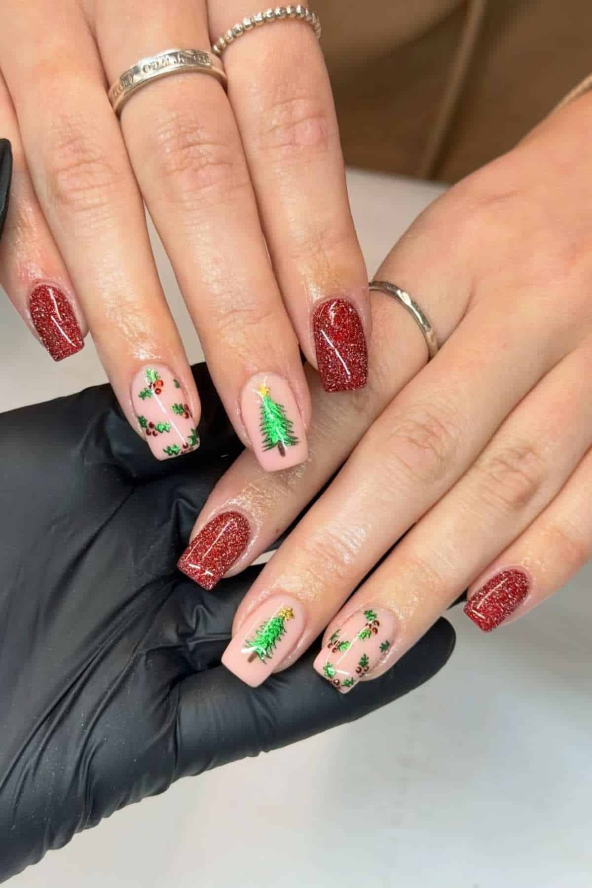 Nude Tiny Tree Red Glitter Nails