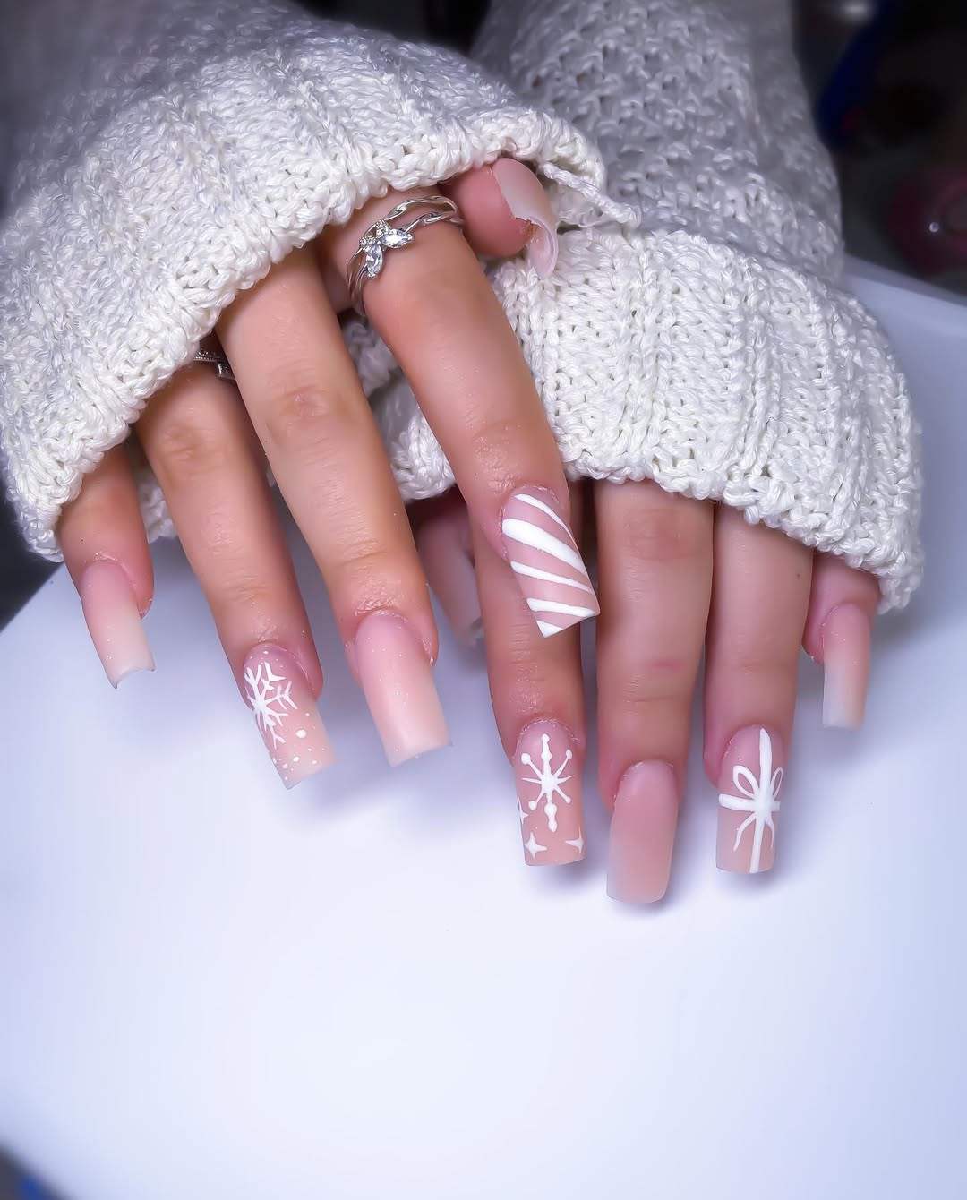 Nude White Gift Wrapped Square Nails