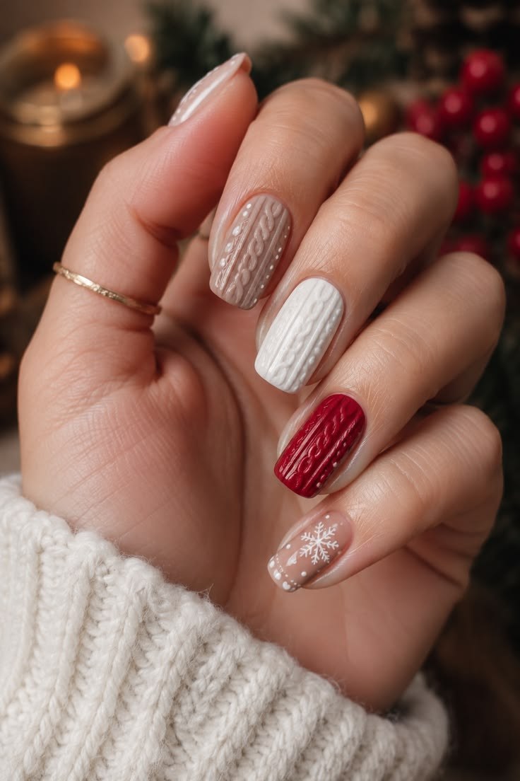 Nude White Red Cable Knit Sweater Nails