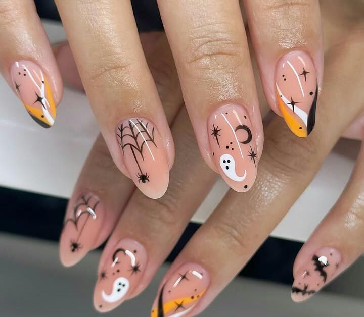Nude Almond Halloween Nails Ghost Spiderweb And Stars