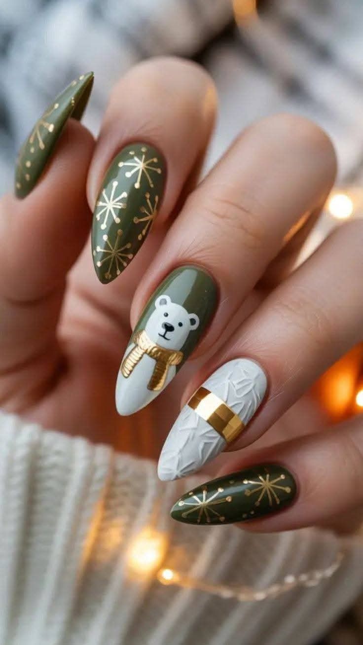 Olive Green And Gold Polar Bear Christmas Sweater Nails