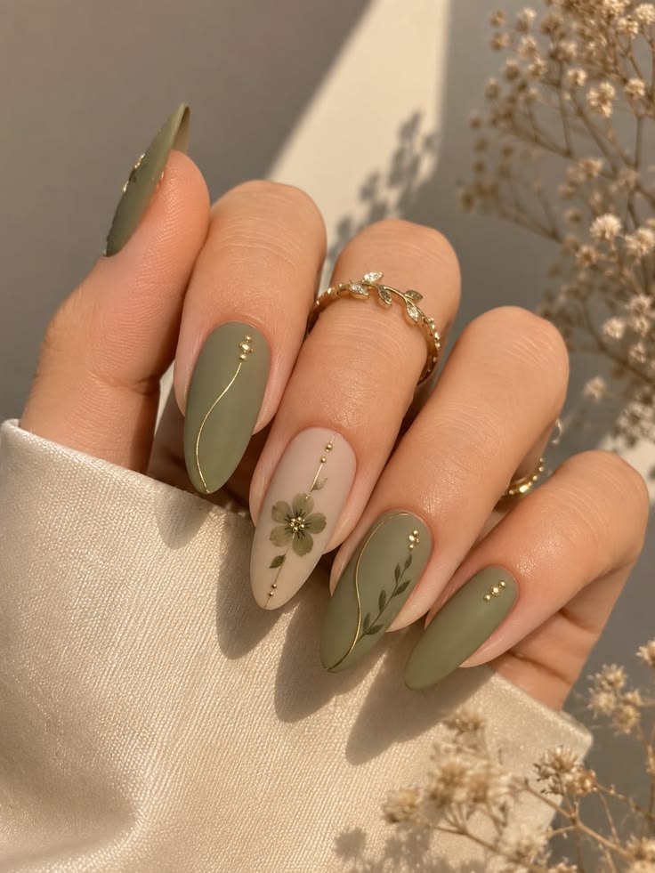 Olive Green Floral Nails