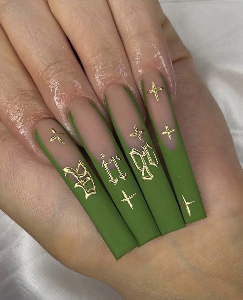 Olive Green Virgo Zodiac Nails