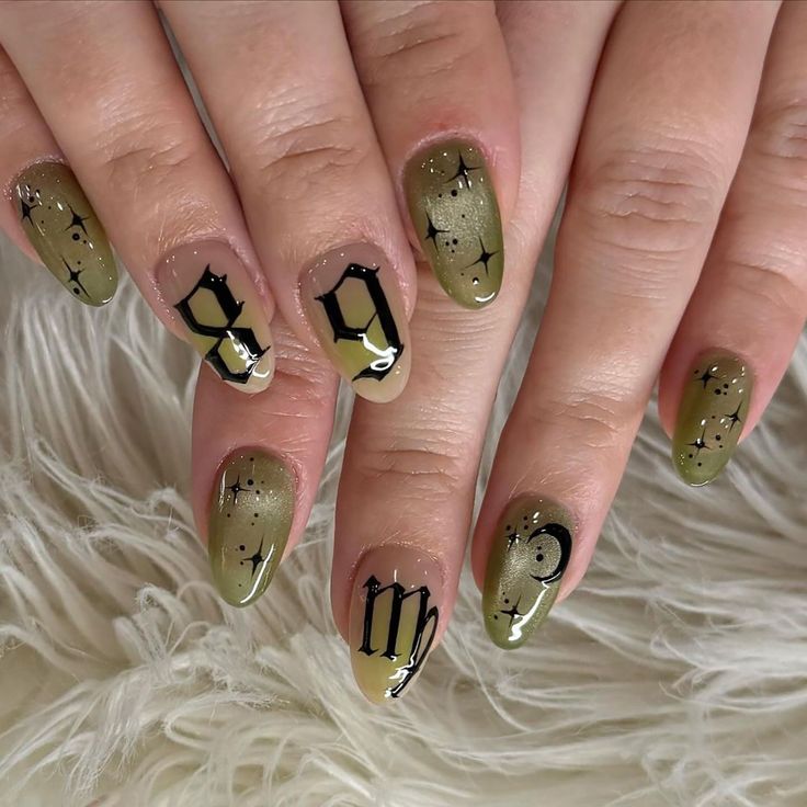 Olive Green Zodiac Virgo Nails