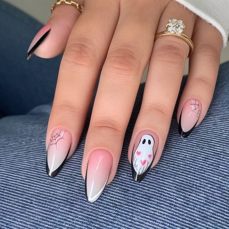 Ombre Black Tipped Pink Halloween Nails