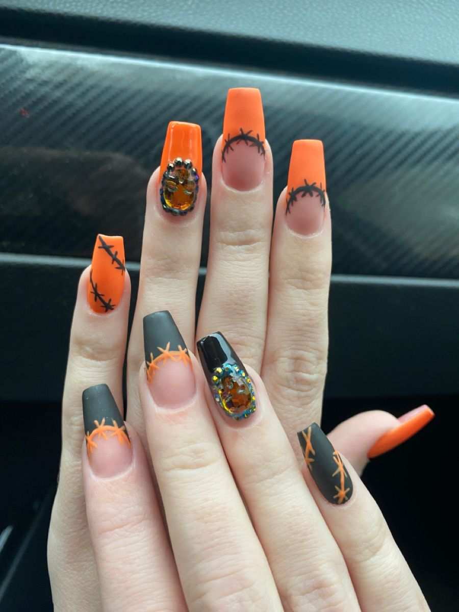 Orange Black Gemstone Stitched Coffin Nails