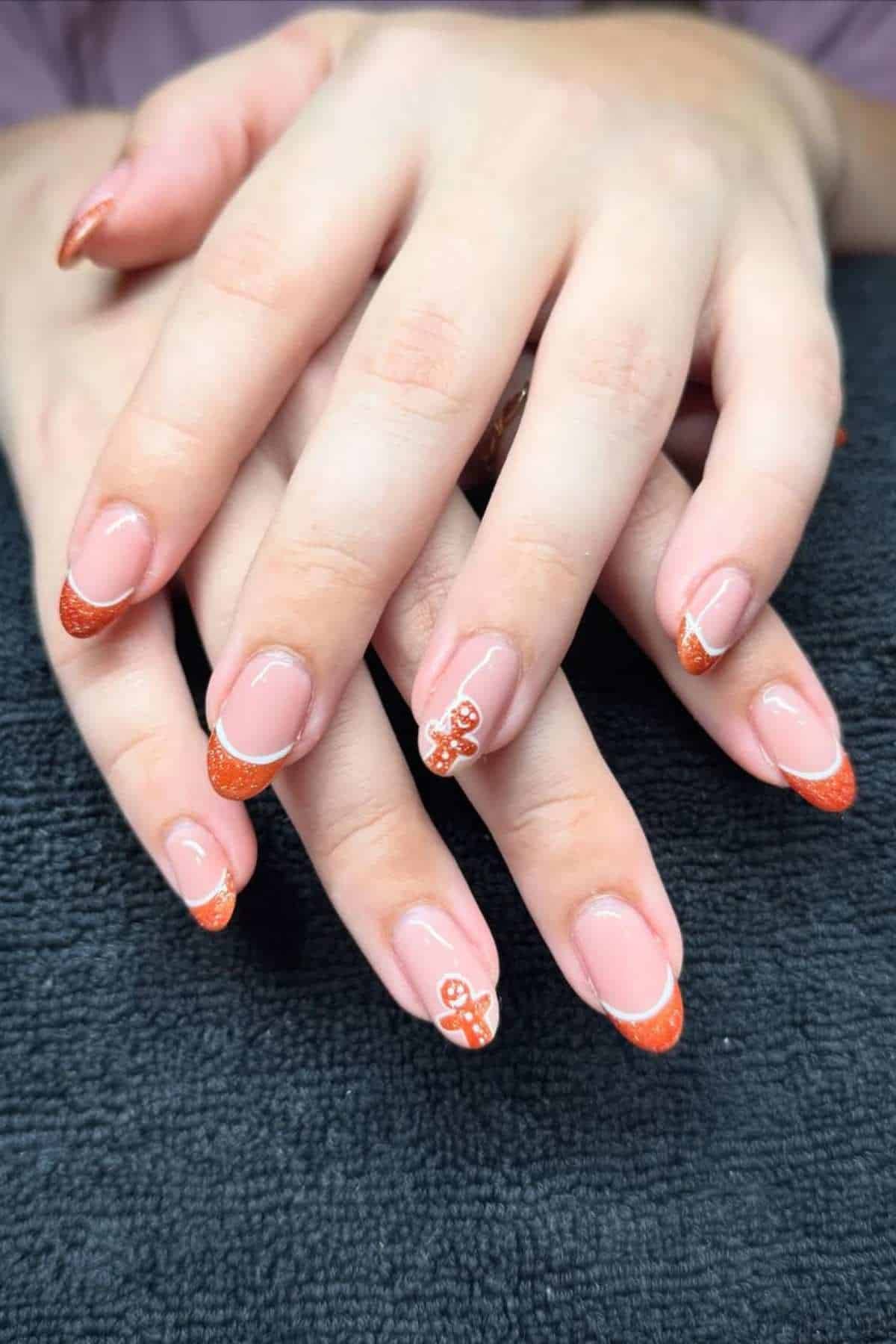 Orange Glitter French Gingerbread Nails