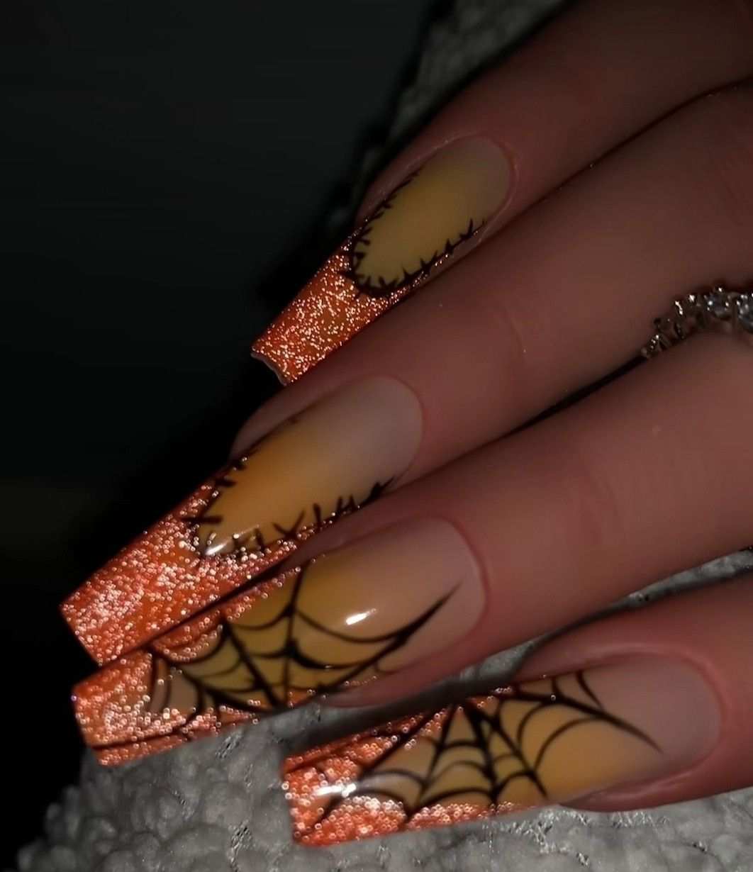 Orange Glitter Spiderweb Stitched Coffin Nails