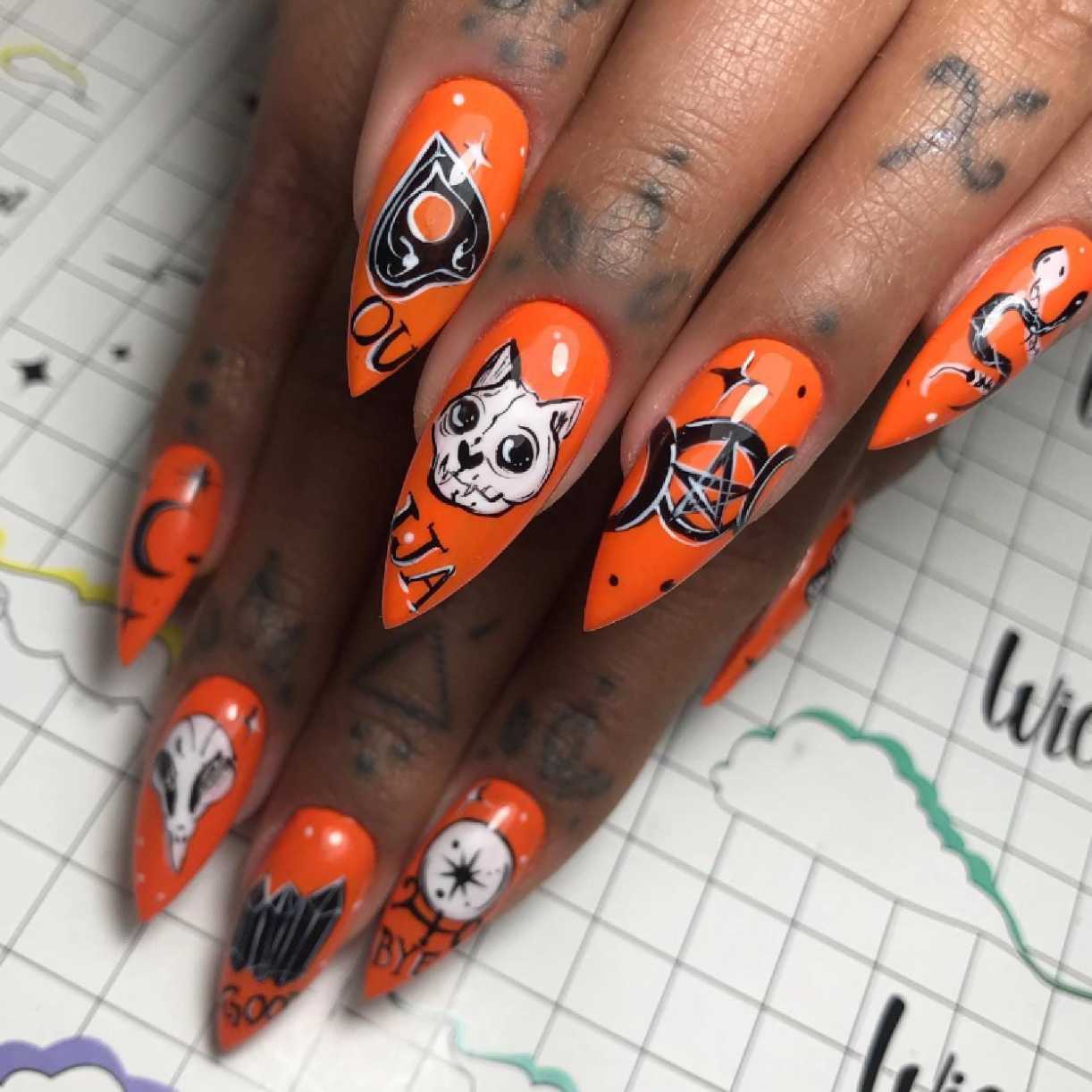 Orange Ouija Board And Occult Witchy Halloween Nails