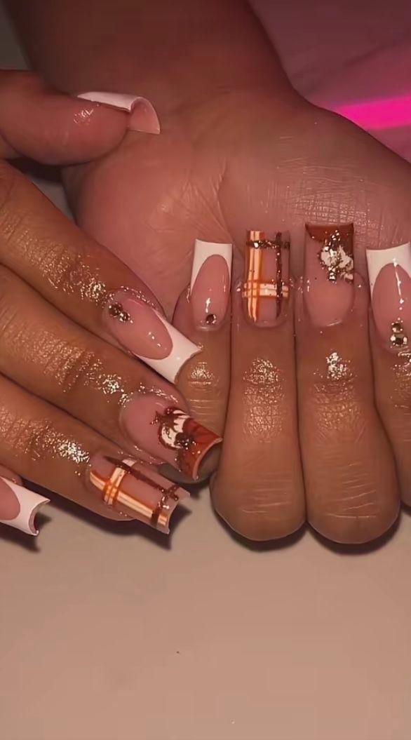 Orange Plaid And White French Tip Pumpkin Fall Nails