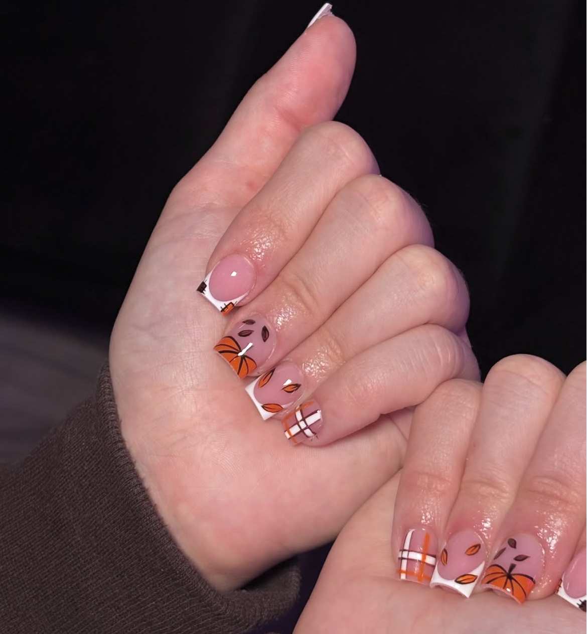 Orange Pumpkin And Autumn Leaves Square Fall Nails